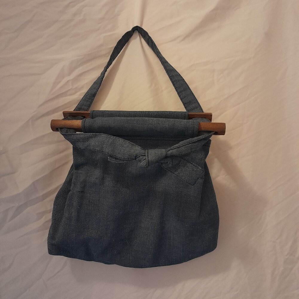 Vintage Retro Handmade 1970s Boho Denim Purse w/ wooden closures & Bow detailing - Picture 4 of 10